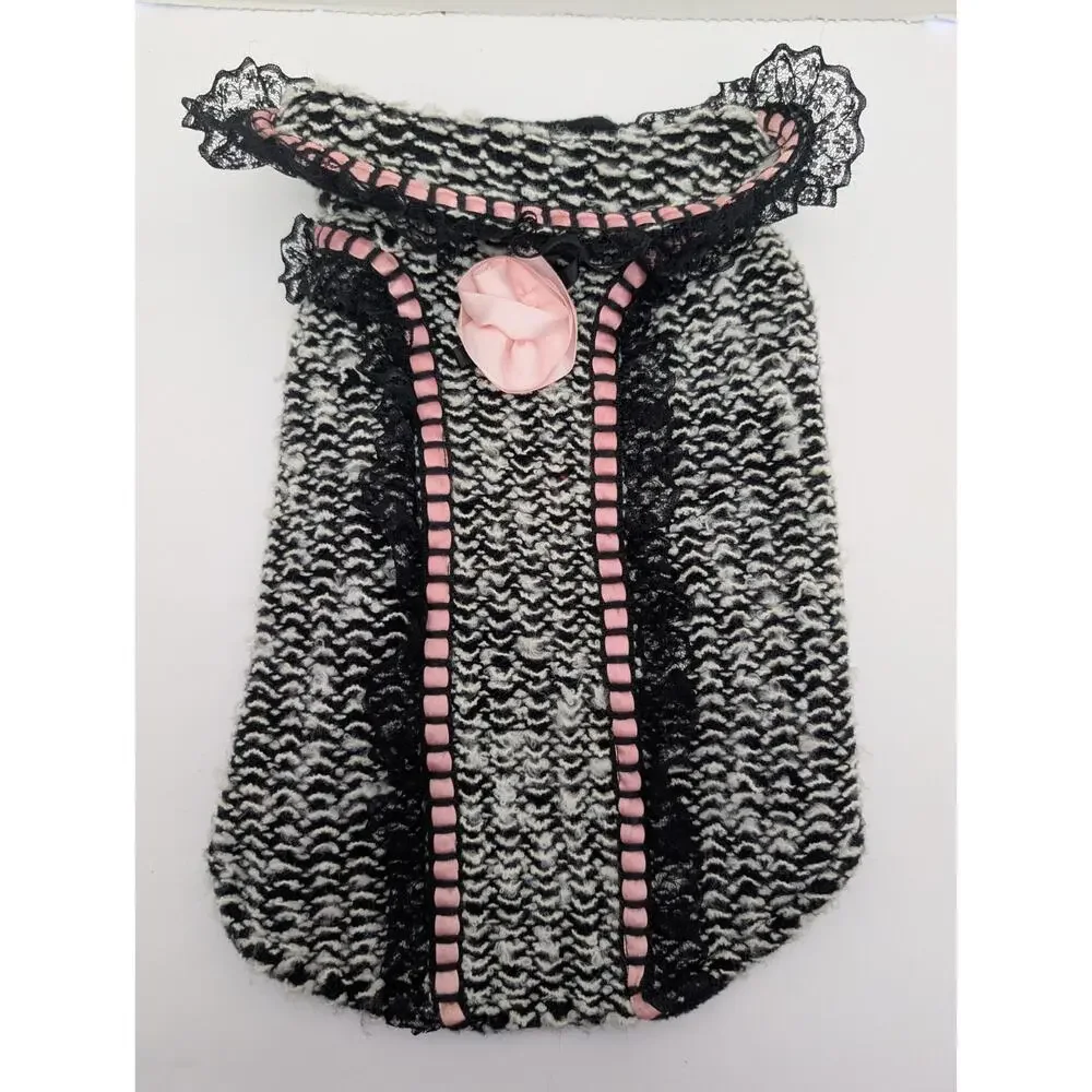 Black And White Knit Dog Sweater Jacket Pink Trim Lace Detail Size 10 Animal Wra